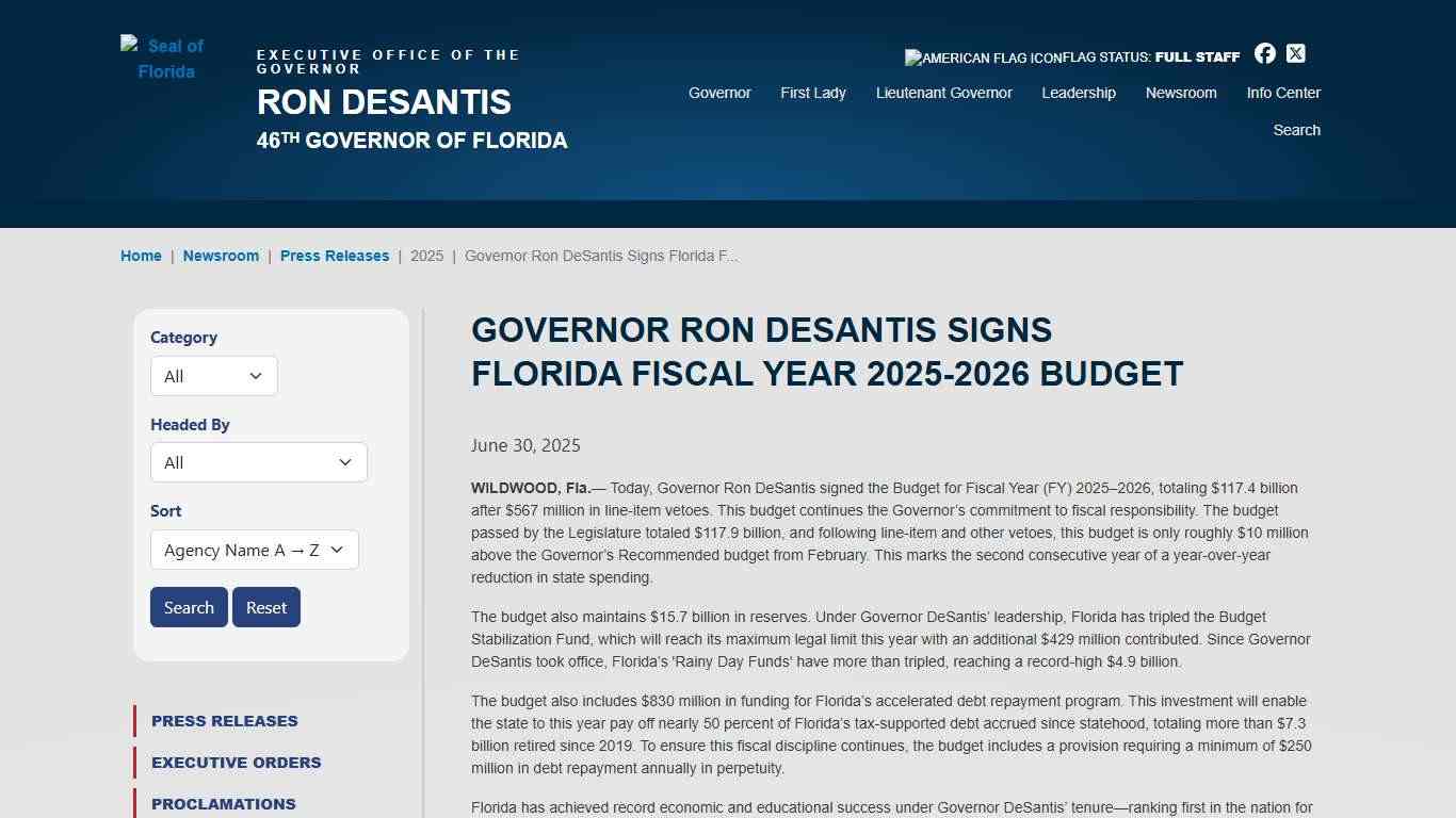 Governor Ron DeSantis Signs Florida Fiscal Year 2025-2026 Budget Executive Office of the Governor