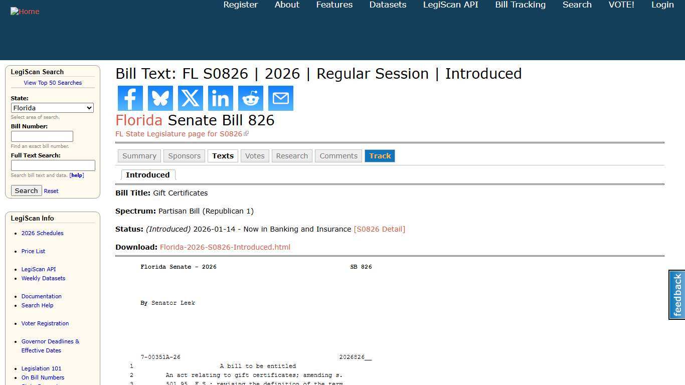 Bill Text: FL S0826 2026 Regular Session Introduced LegiScan