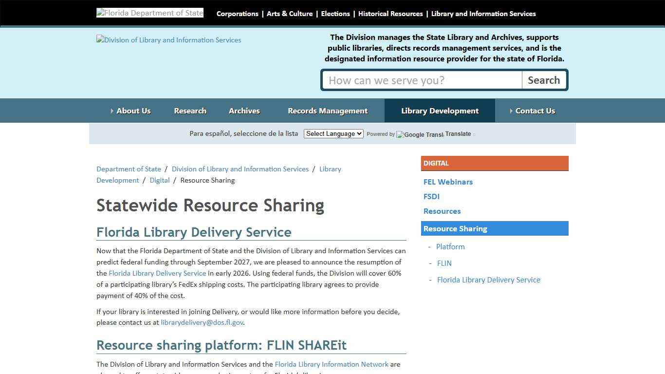 Statewide Resource Sharing - Division of Library and Information Services - Florida Department of State